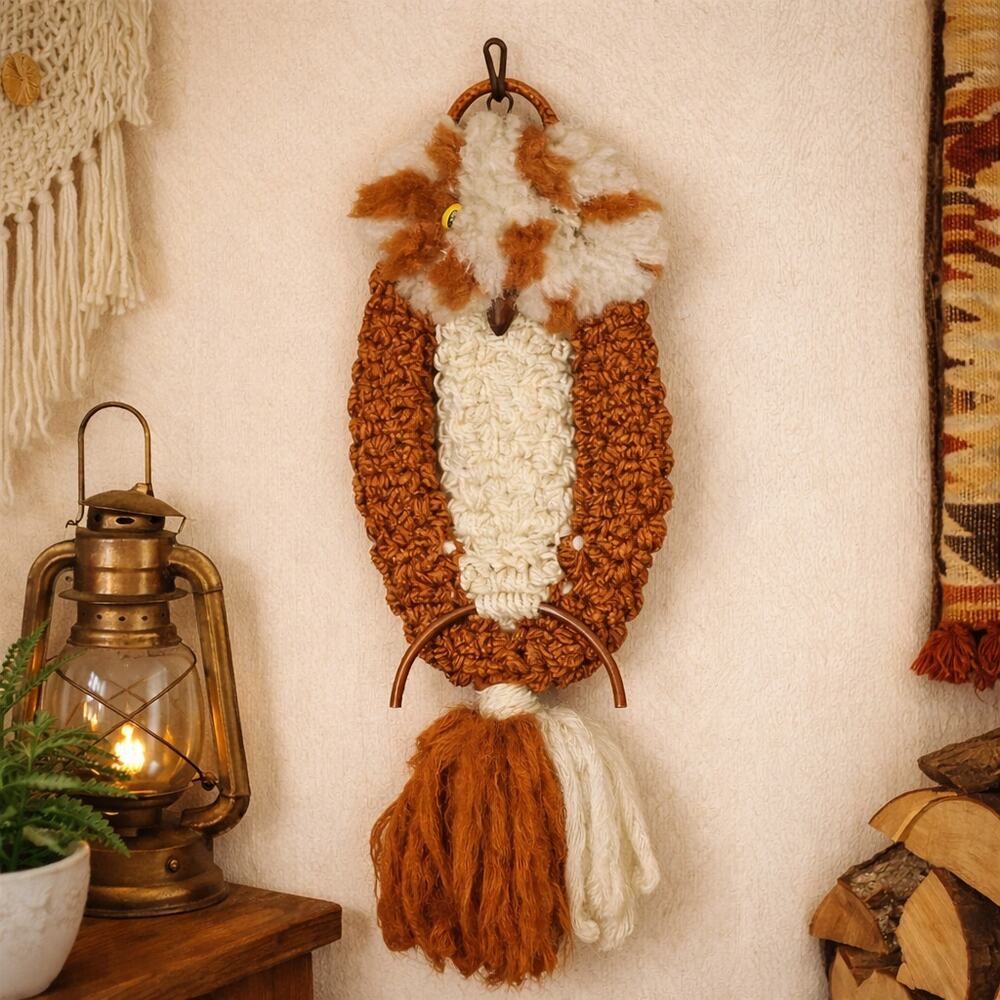 Vintage 70s Macrame Owl Wall Hanging Cream Brown MCM 27"